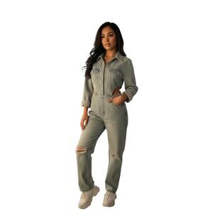 PrettyLittleThing Petite Women's Vintage Wash Denim Cut Out Waist Jumpsuit US 4